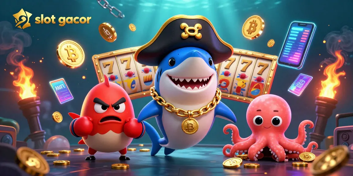 Engage with slot gacor through this vibrant 3D illustration featuring a shark, pufferfish, and octopus surrounded by casino themes.