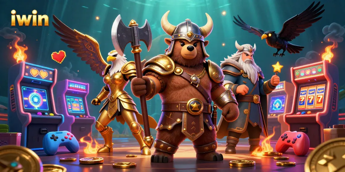 Engage with iwin’s thrilling casino experience in a vibrant 3D illustration featuring characters and gaming elements.