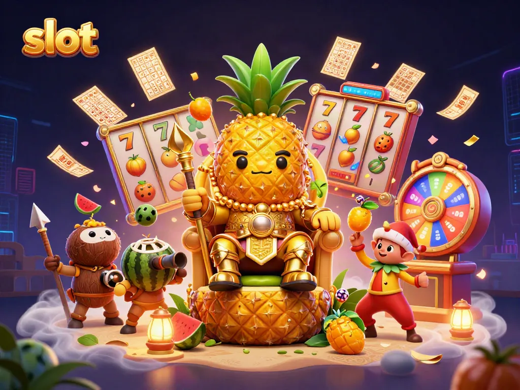 Slot yang menyenangkan dengan raja nanas emas dan elemen permainan kasino mengelilinginya.