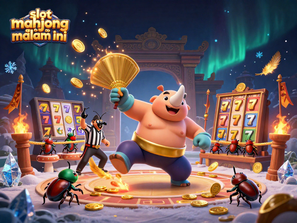 Experience the thrill of slot mahjong gacor malam ini with a dynamic scene of a sumo beetle champion amidst flying coins and slot elements.