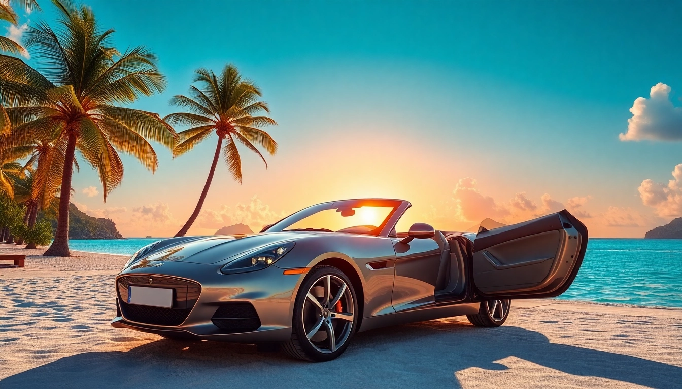 Experience the best car rental saint barth with a luxury convertible on a vibrant beach.