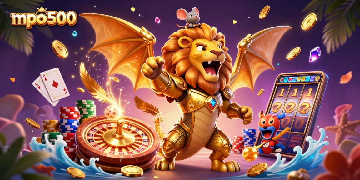 Unleash winning excitement with mpo500 as cartoon chimera and mouse jockey capture casino action with coins and cards.