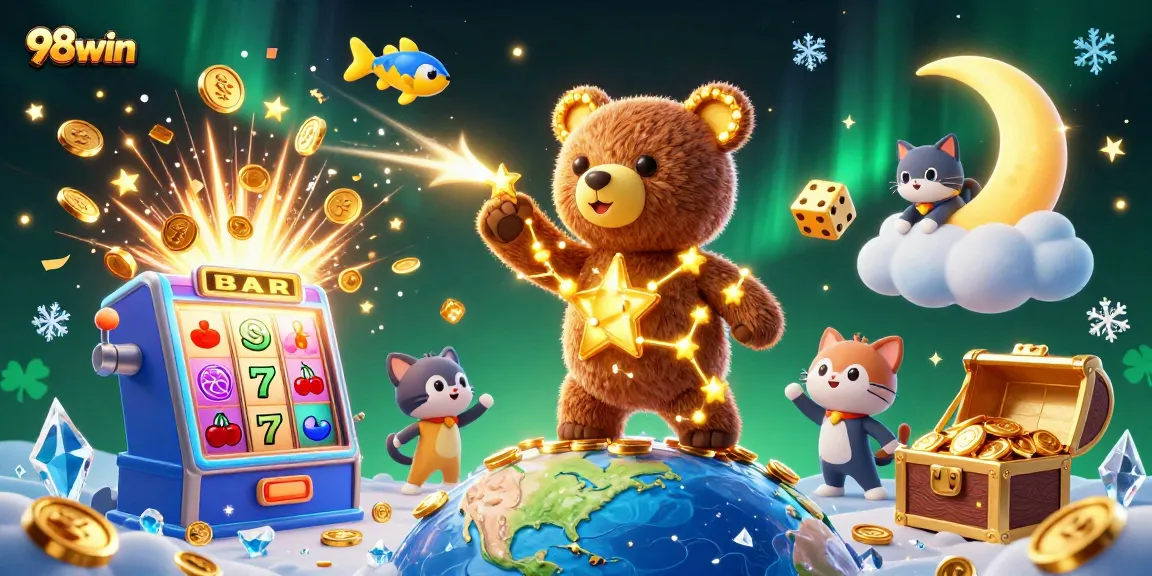 Experience the excitement of 98win with vibrant casino games and jackpot thrills in a 3D illustration.