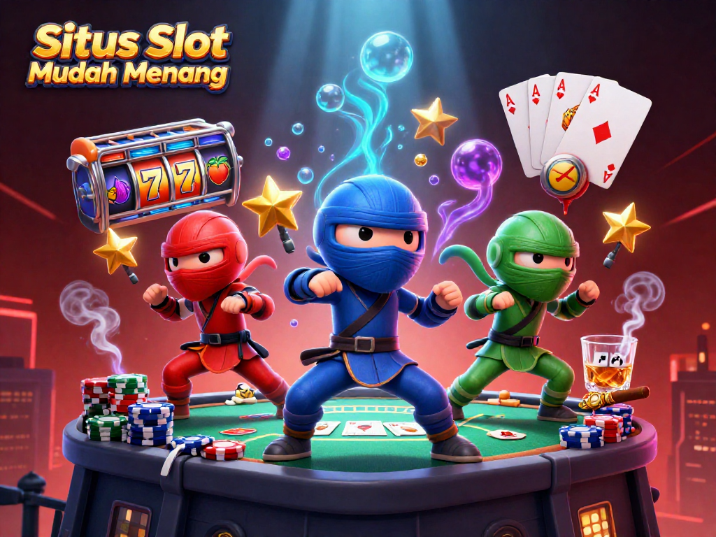 Situs Slot Mudah Menang showcases ninja chameleons in a vibrant casino setting, emphasizing exciting gaming elements.