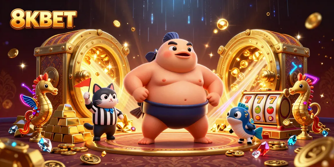Engage with 8KBET in a vibrant underwater casino scene featuring animated characters and treasures.