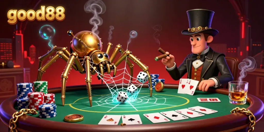 Engage with the good88 casino experience featuring a whimsical steampunk spider caught in a web of poker excitement.