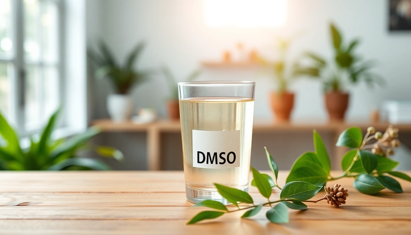 Showcasing the benefits of drinking dmso with a glass of clear DMSO in a wellness setting.