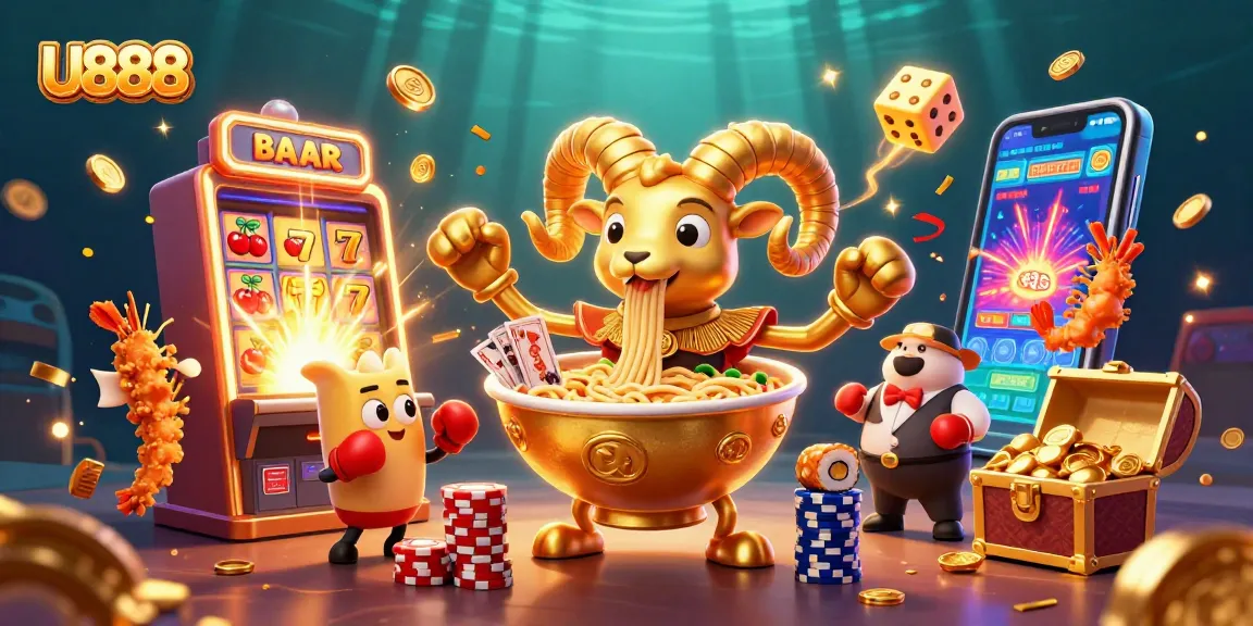 Experience the thrill of U888 with a giant ramen bowl dealer amidst a dazzling casino scene.