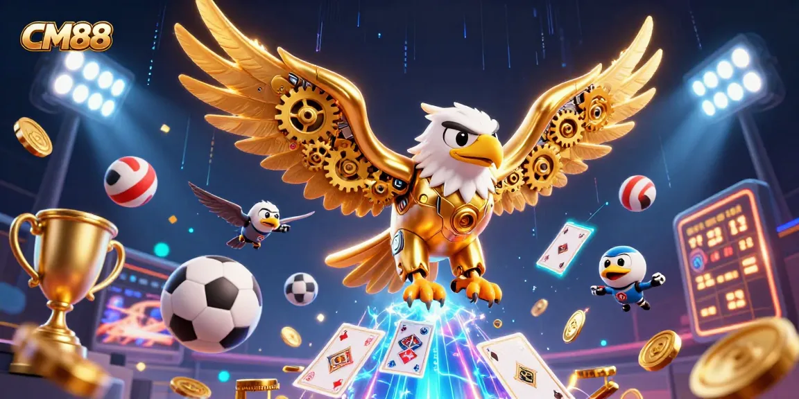 Experience the thrill of CM88 with a golden eagle diving through holographic playing cards and sports elements.