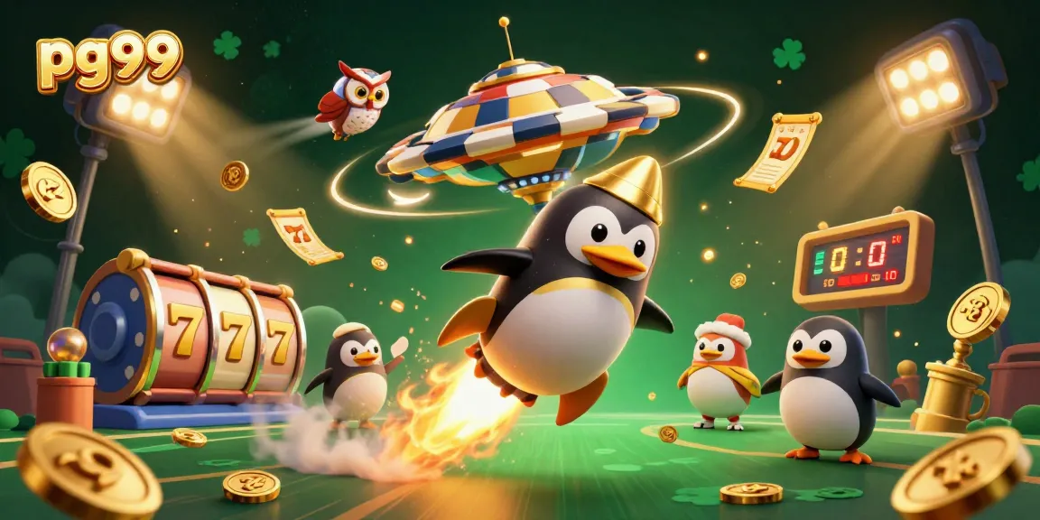 Experience pg99's unique slots with a golden penguin soaring towards a poker chip casino.