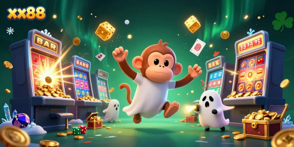 Experience the whimsical gaming world of xx88 with golden coins and vibrant casino symbols exploding in action!