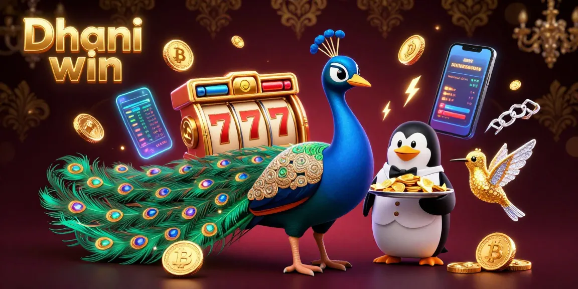 Dhani win engaging in exciting gambling action with 3D peacock and winning slots around a penguin.
