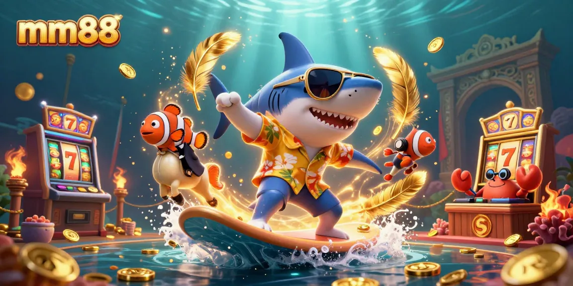 Experience the excitement of mm88 with a vibrant casino-themed 3D illustration featuring a shark and friends.