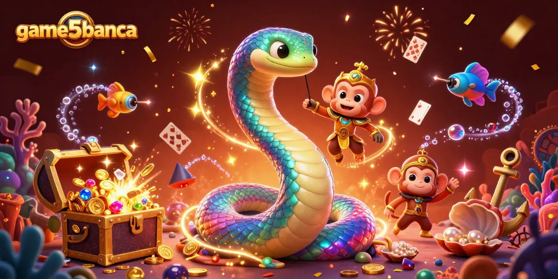 Engage with game5banca in a vibrant 3D scene showcasing a rainbow serpent and golden monkey king amidst treasures.