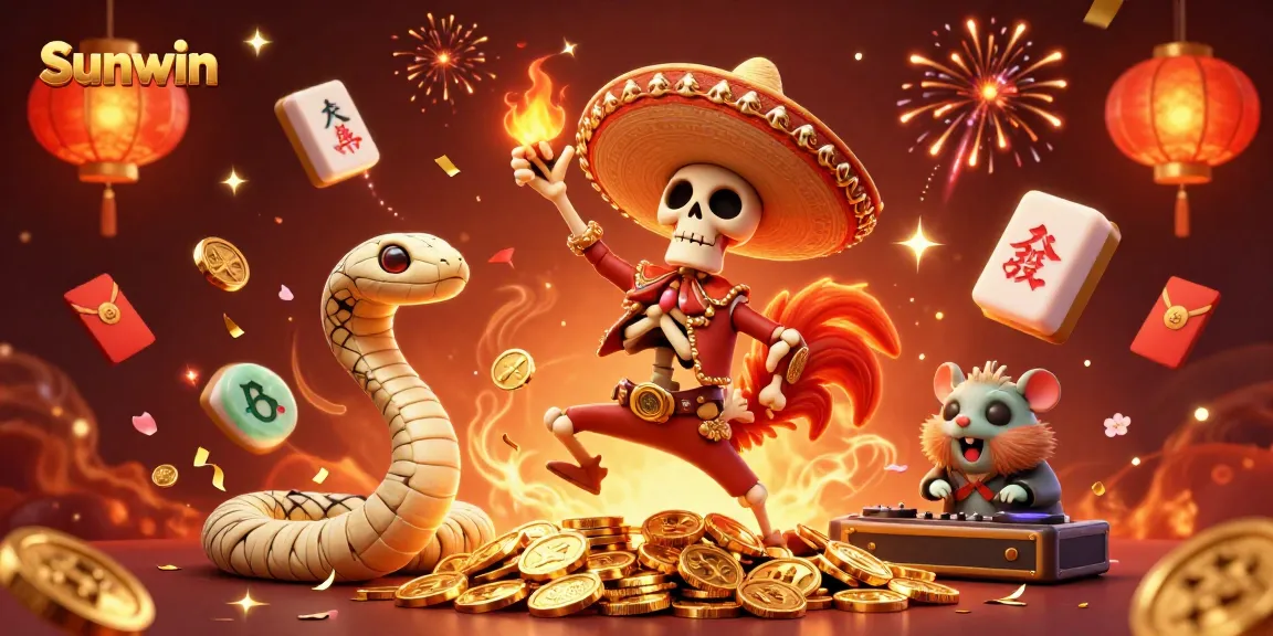 Engage in thrilling gameplay with Sunwin, featuring vibrant characters celebrating on golden coins in a festive casino scene.