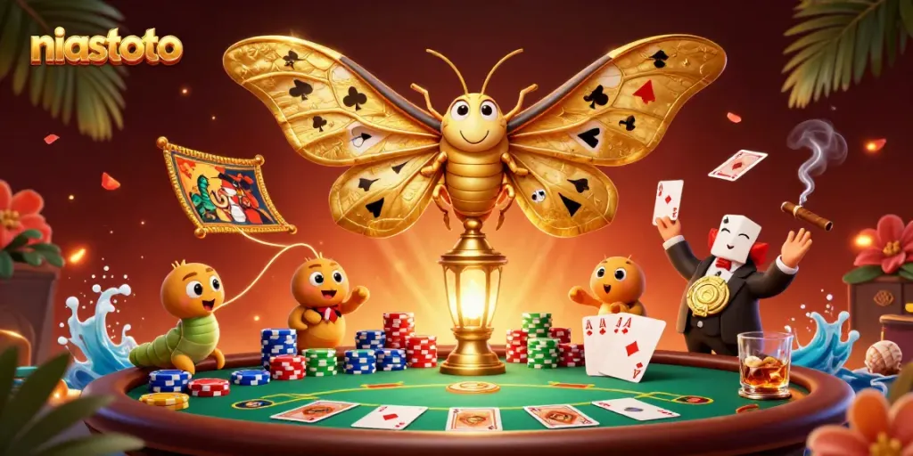Experience niastoto's vibrant casino scene featuring an atlas moth, playing cards, and stacked chips.