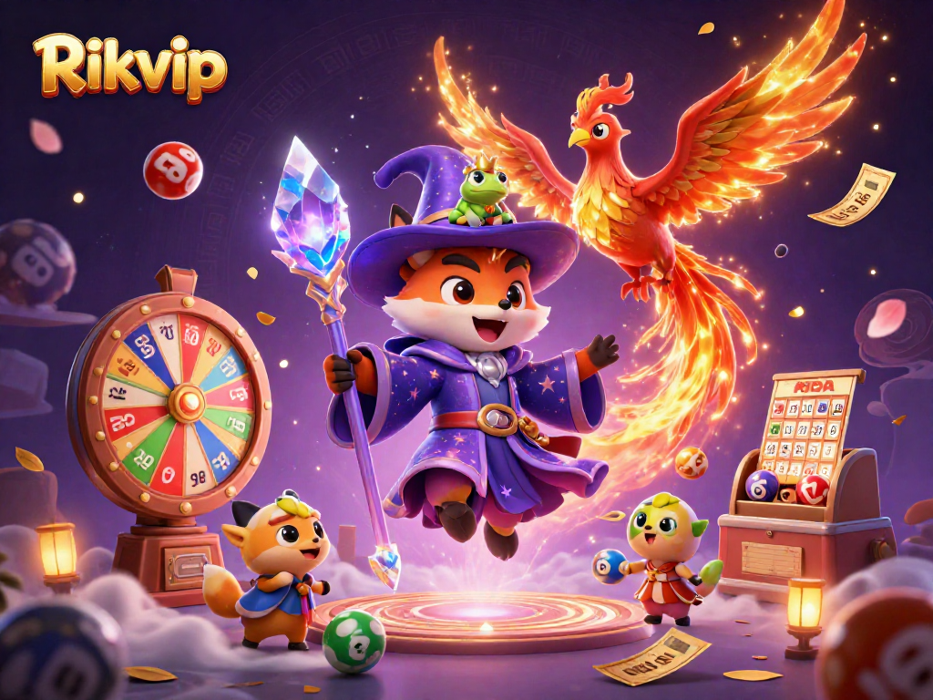 Win with Rikvip by enjoying a vibrant lottery-themed casino experience with magical characters.