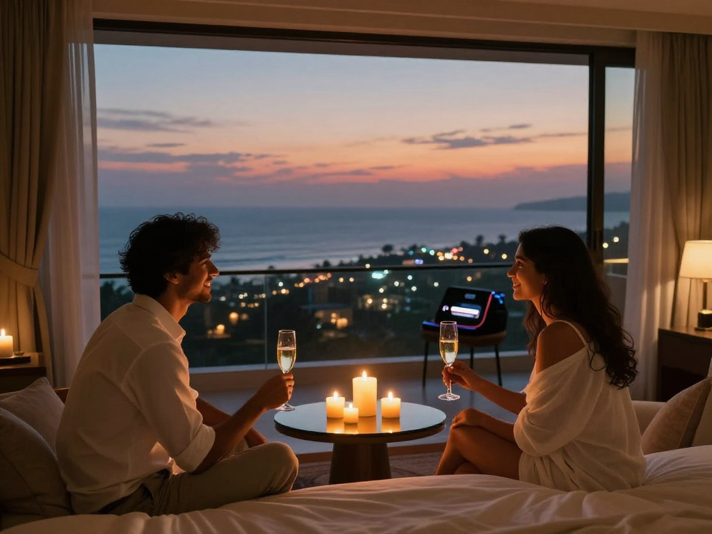Experience the allure of Goa escorts with a romantic hotel scene featuring an attractive couple, champagne, and ocean view.