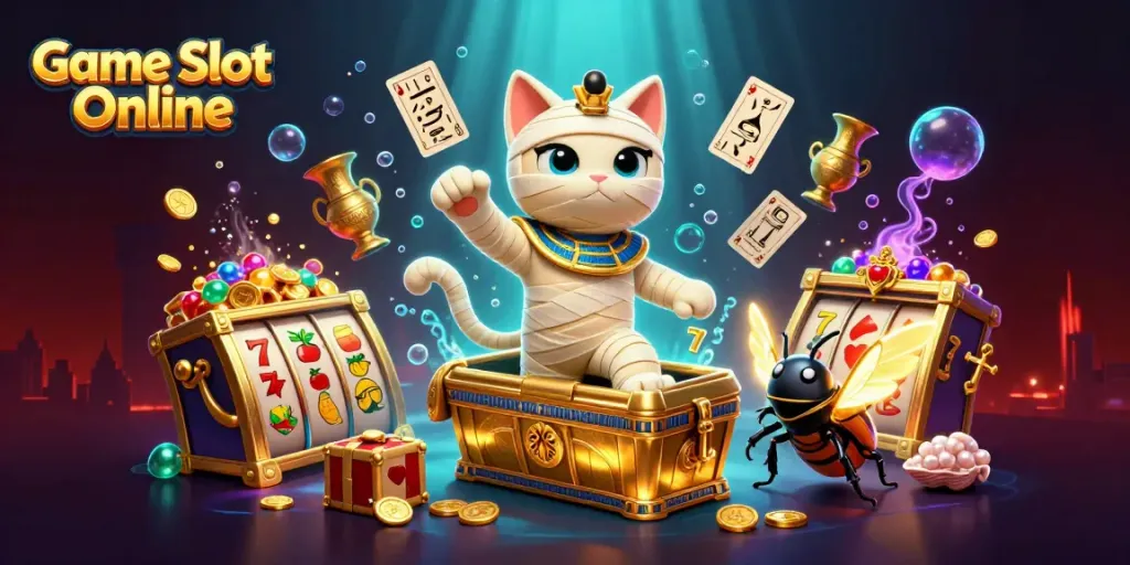 Experience thrilling Game Slot Online action with a vibrant 3D scene of a mummy cat, scarab companion, and dynamic casino elements.