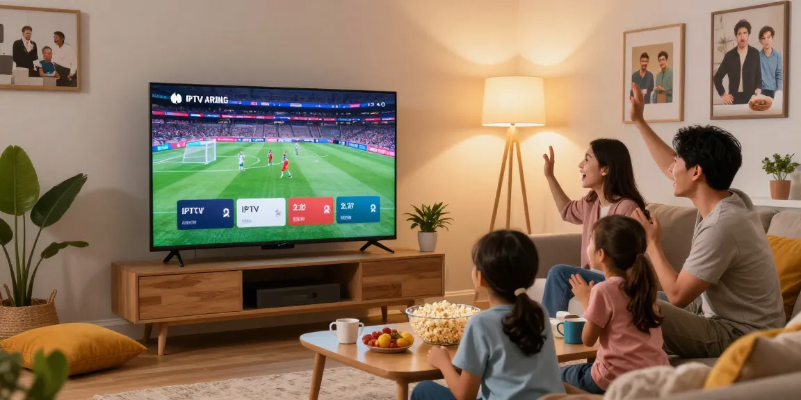 Find the best IPTV service for family entertainment in a cozy living room setting with modern decor and smart TV.