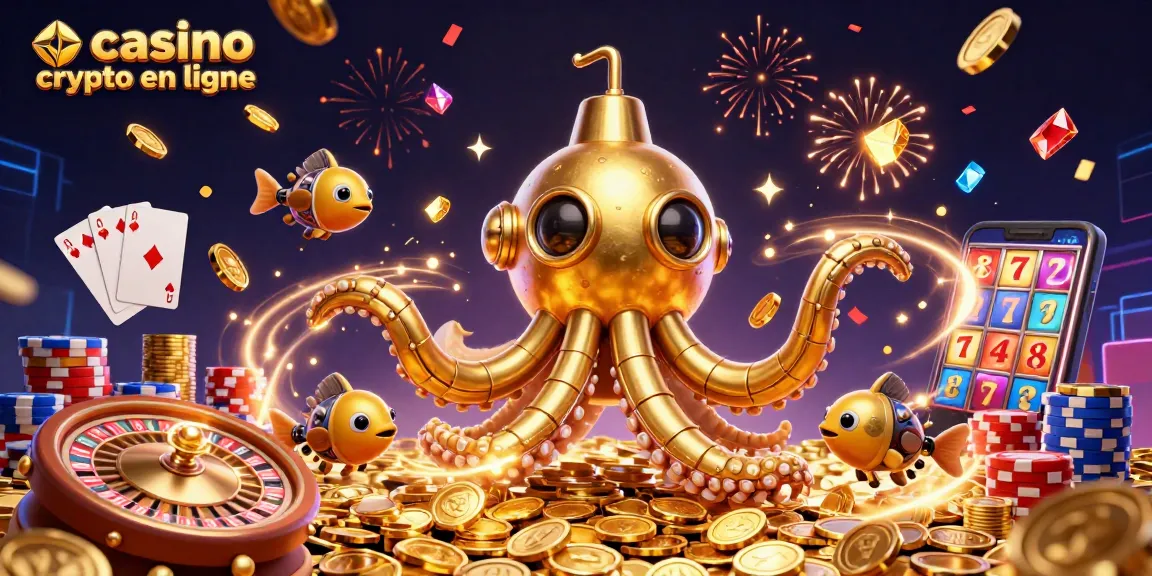 Découvrez le casino crypto en ligne avec une illustration dynamique de jeux, jetons et machines à sous.