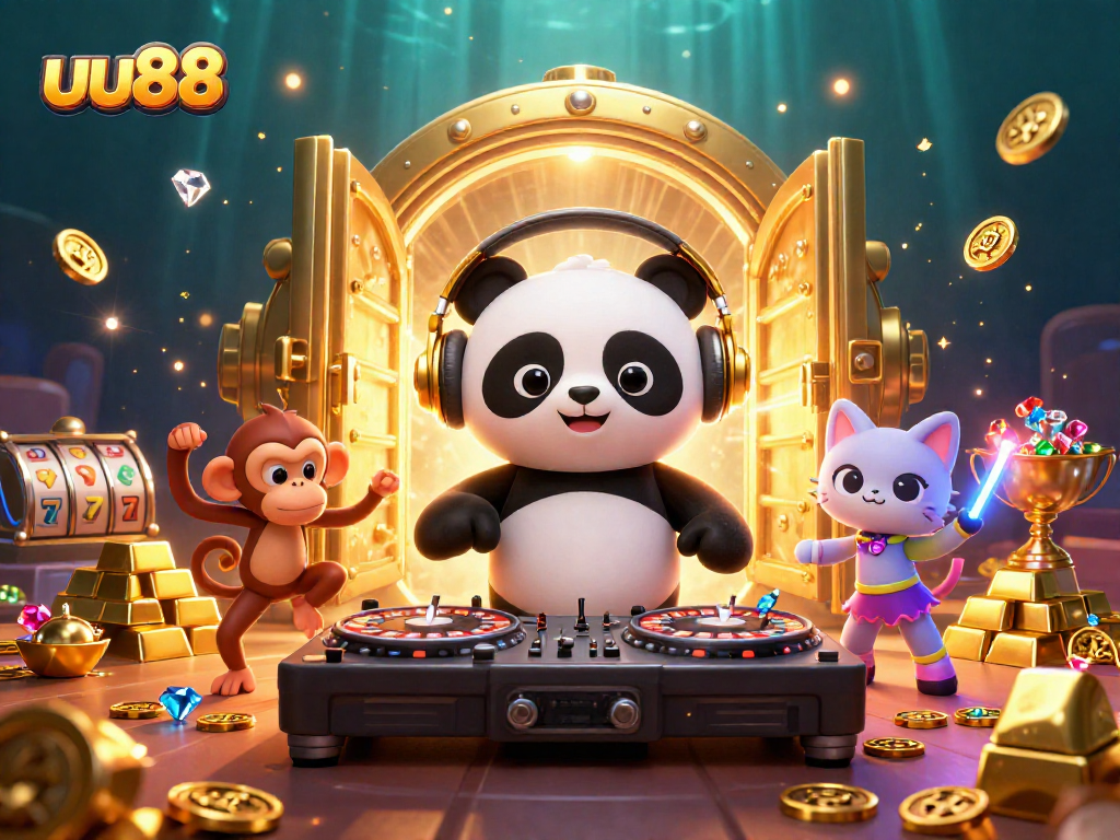 Experience the excitement of uu88 with DJ panda and friends in a lively casino scene.