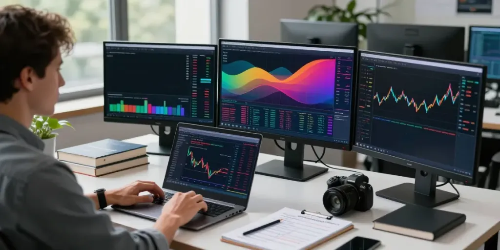 Trader using MetaTrader 5 in a modern office environment with financial charts and metrics.