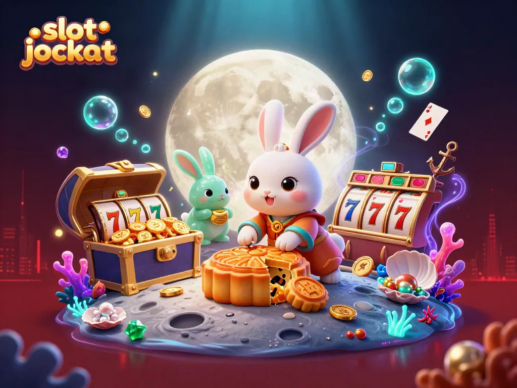 Immerse in the world of slot jackpot with a detailed illustration of a moon rabbit, golden mooncakes revealing poker chips, and vibrant casino elements.