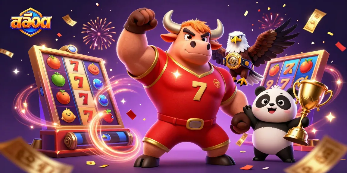 Spin the slots with excitement as the muscular bull, eagle, and panda celebrate wins!