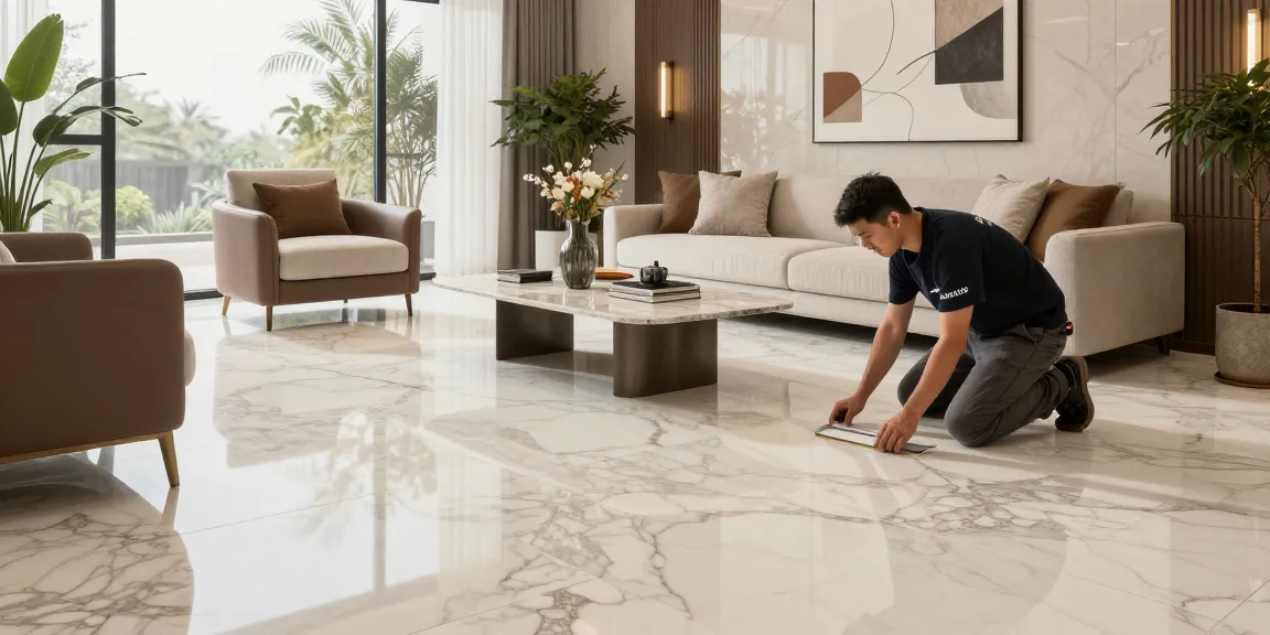 NAGA2000's expert installer showcasing premium marble flooring installation in a luxurious living room.
