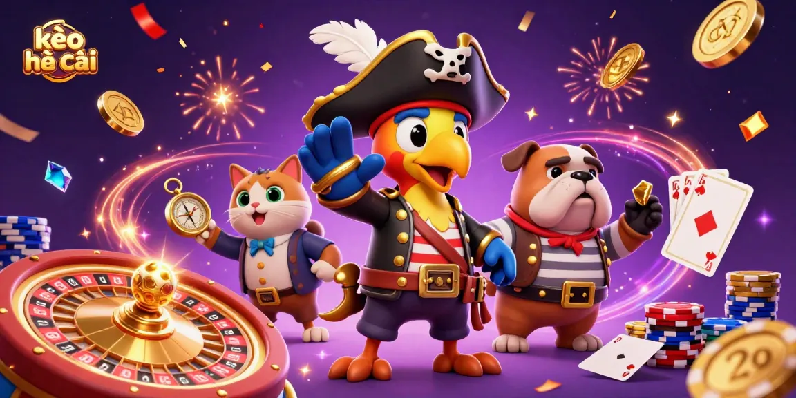Engage with the vibrant "kèo nhà cái" scene featuring cartoon pirate characters, roulette wheel, and sparkling coins.
