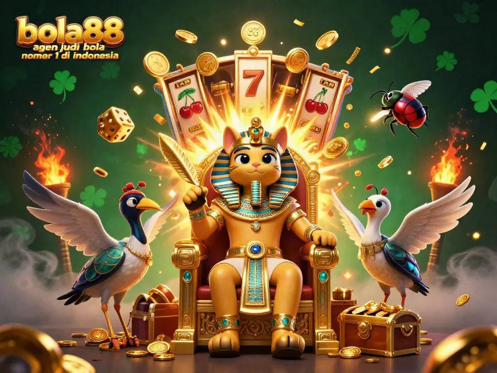 Bola88 agen judi bola nomor 1 di indonesia featuring a 3D pharaoh cat surrounded by casino elements and a jackpot explosion.