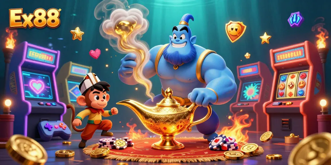 Experience Ex88's vibrant gambling world with colorful games and a mystical genie bursting into action.