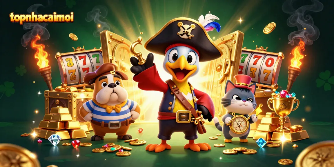 Engage in thrilling slots action with topnhacaimoi featuring vibrant pirate characters, treasure, and gems.