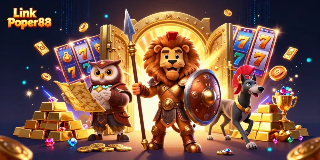 Spin and win with Link Poker88 in this vibrant 3D casino scene filled with treasures and games.