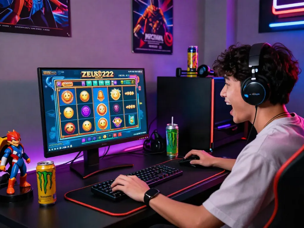 Pengalaman bermain situs slot gacor ZEUS222 dengan pemain menggunakan komputer dan gaming gear, menyenangkan dan memikat.