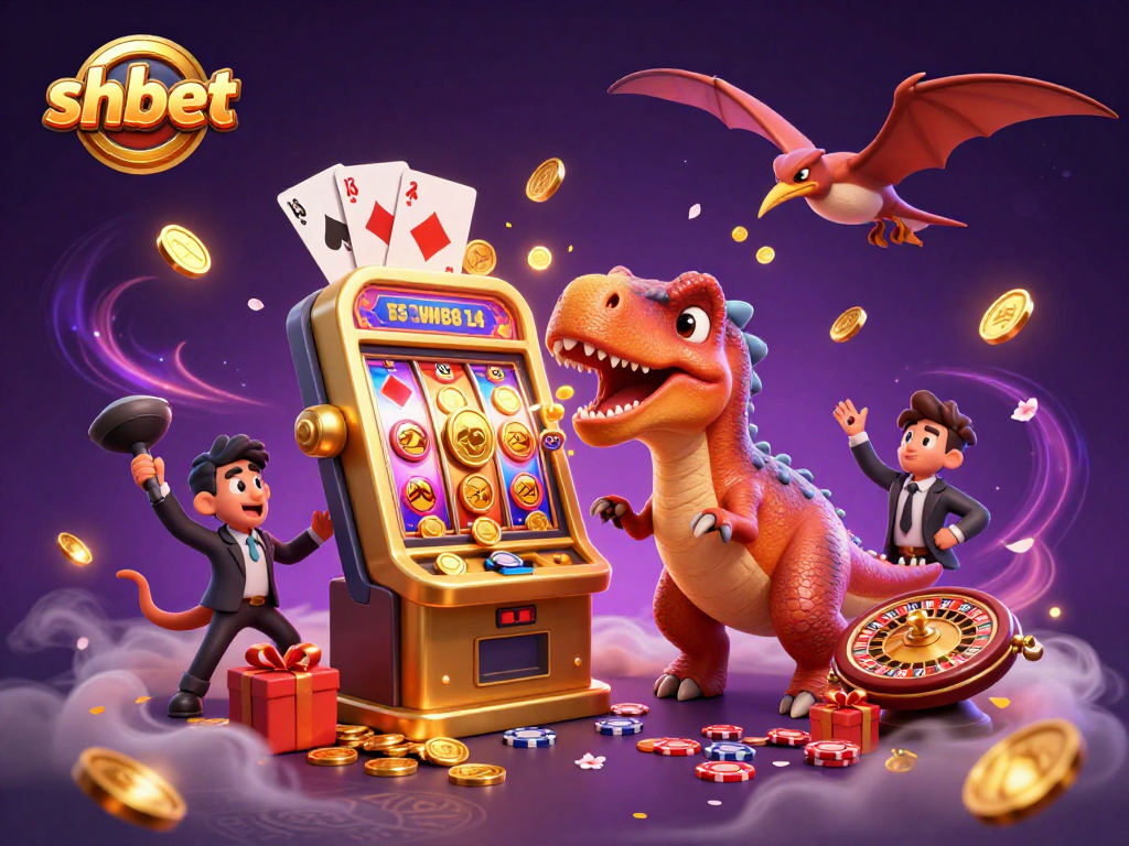 Watch shbet's pachycephalosaurus triggering a jackpot on a golden slot machine amidst a vibrant casino scene.