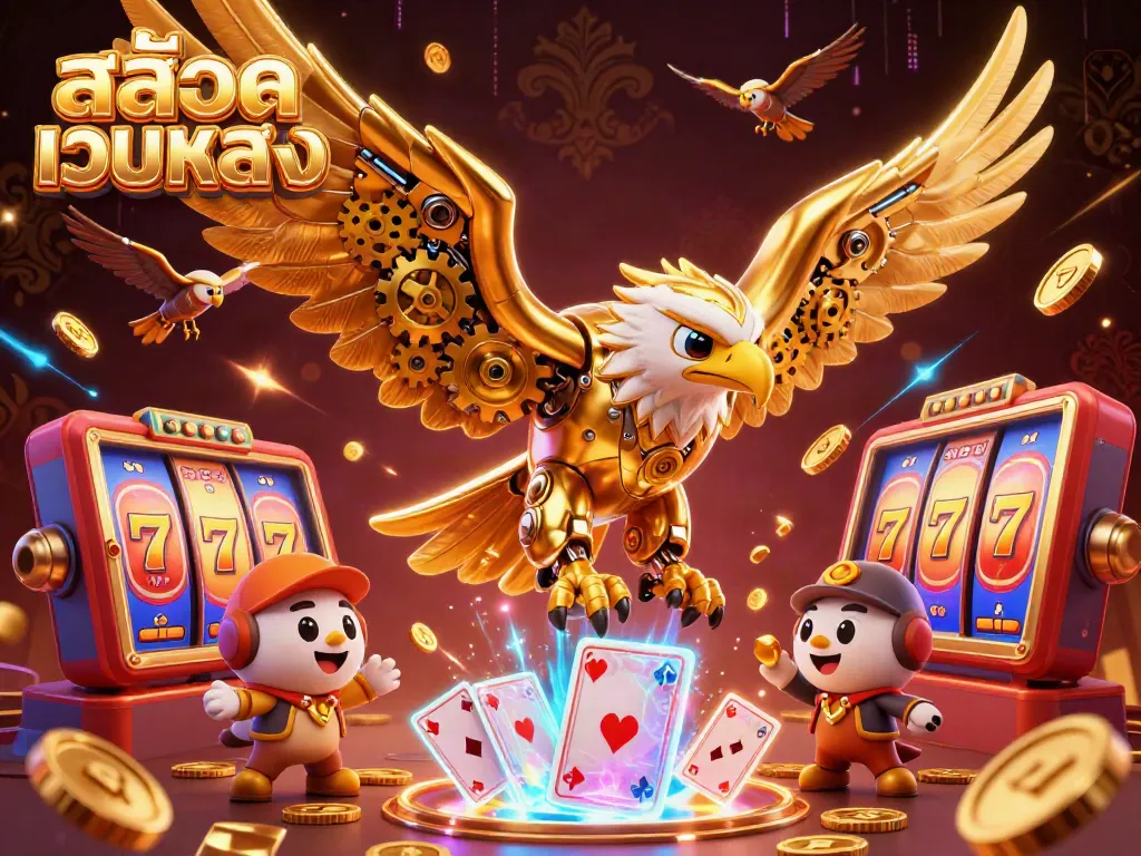 Spin the สล็อตเว็บตรง slot reels with cybernetic eagle, jackpot elements, and vibrant casino lights.