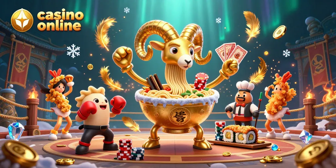 Engage in the vibrant world of casino online with lively characters like a ramen bowl dealer and sushi roll companions.