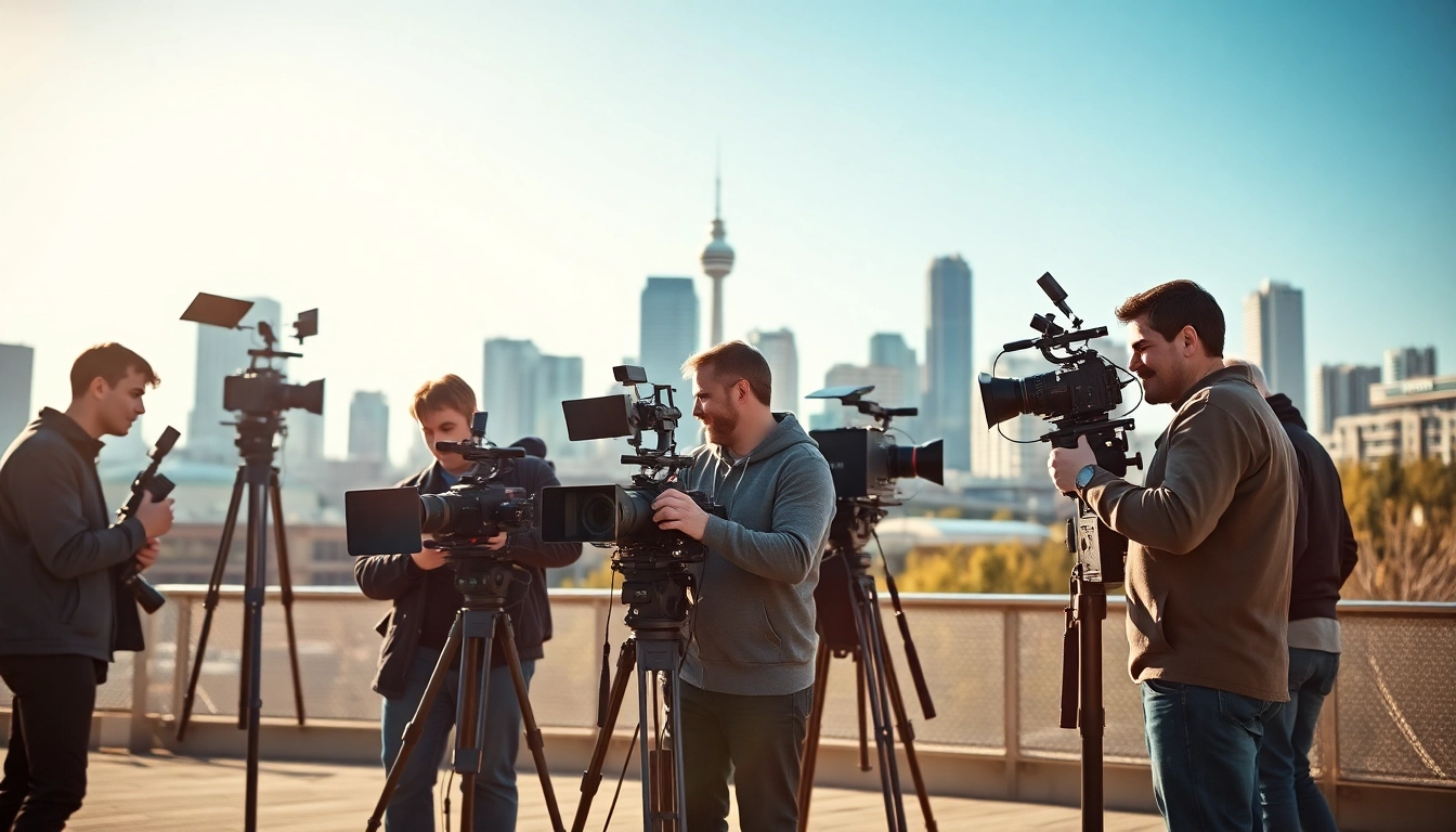 Engaging video production Edmonton team filming against the iconic city skyline.