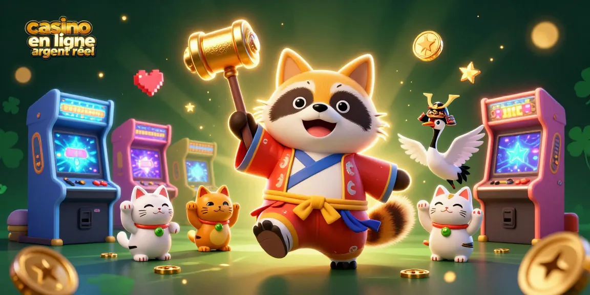 Les jeux captivants d'un casino en ligne argent réel entourent un tanuki et un hibou dans une illustration 3D joyeuse.
