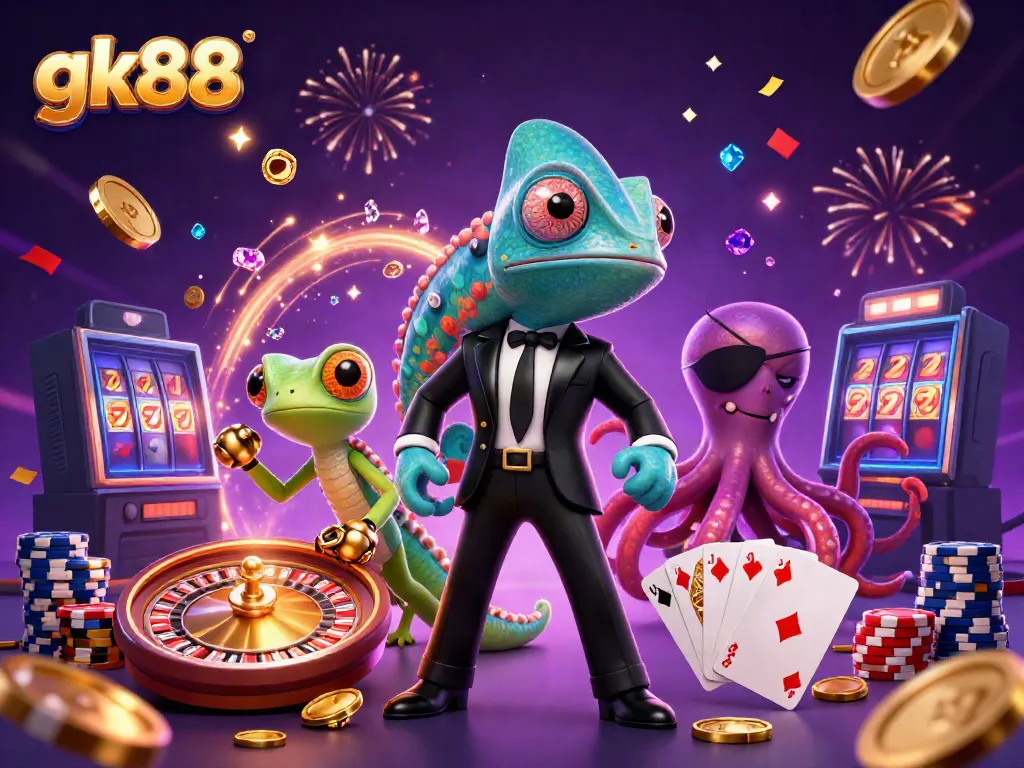 Experience the thrill of gk88 with vibrant characters and casino elements in a rich, dynamic illustration.