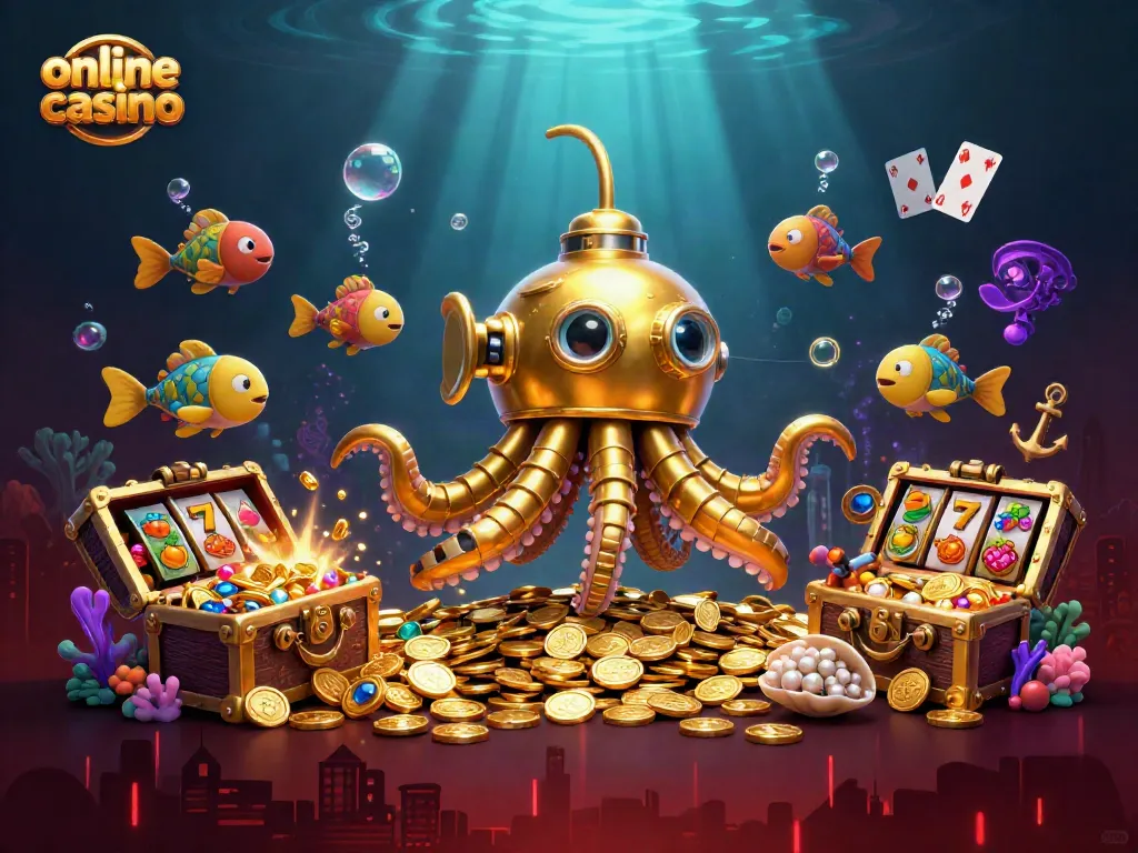Experience the excitement of an online casino with a vibrant underwater scene featuring a golden kraken submarine.