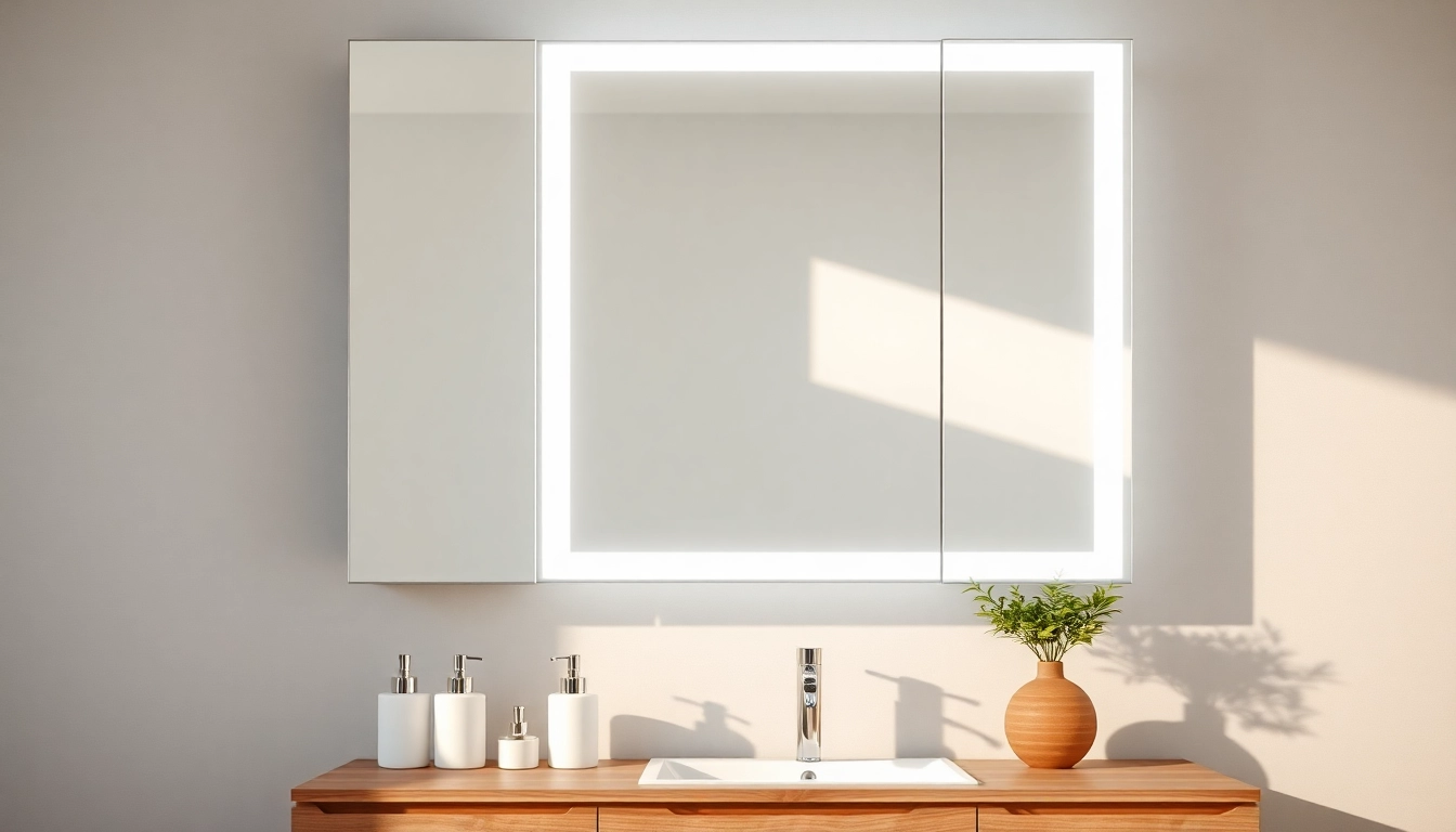 Zeigen Sie badezimmer spiegelschränke beleuchtung mit eleganter LED-Beleuchtung und modernen Akzenten.