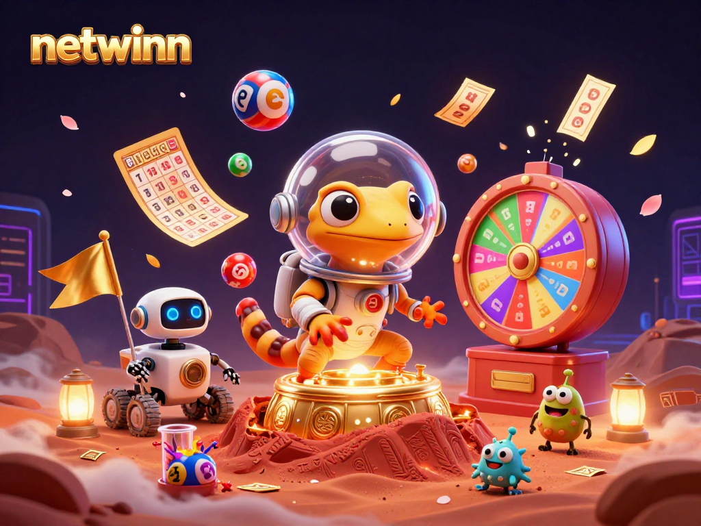 Experience thrilling wins at netwinn as the Martian gecko explores a golden casino in this vibrant scene.