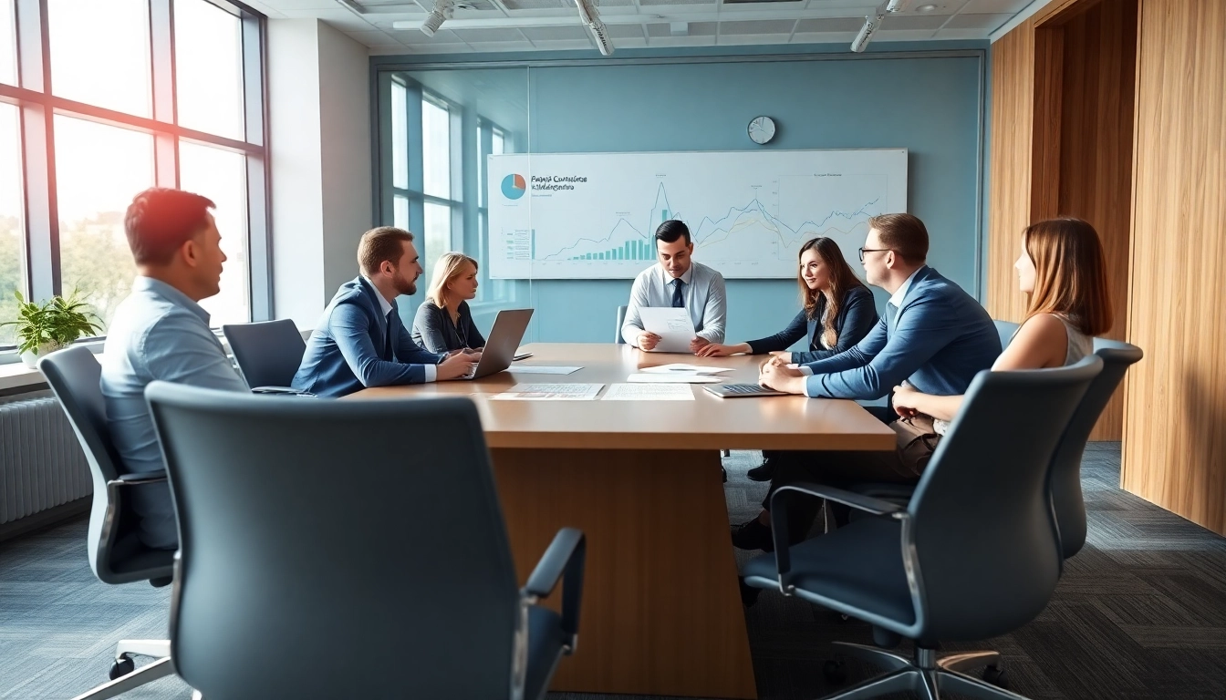 Illustration of post-award compliance management discussion among professionals in a modern office.