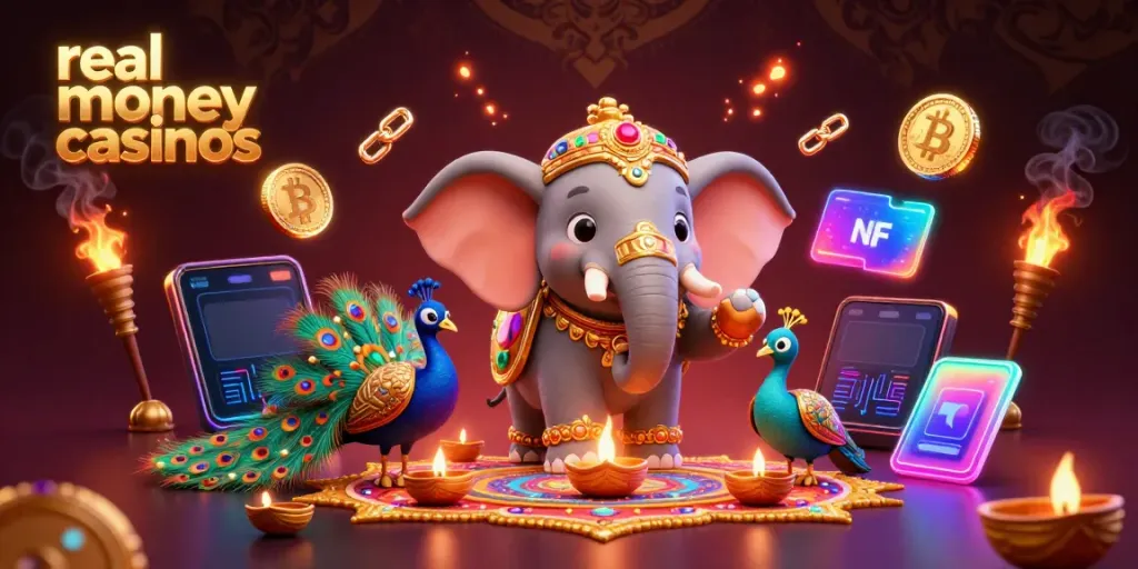 Engage with real money casinos through an enchanting illustration featuring elephants, peacocks, and crypto elements.