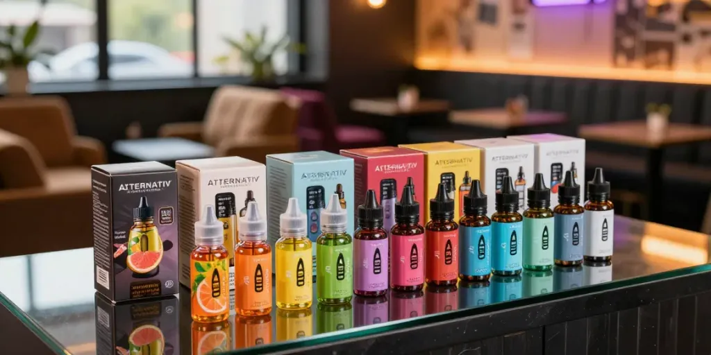 Alternativ e-liquid bundle showcased in a trendy vape lounge with inviting ambiance.