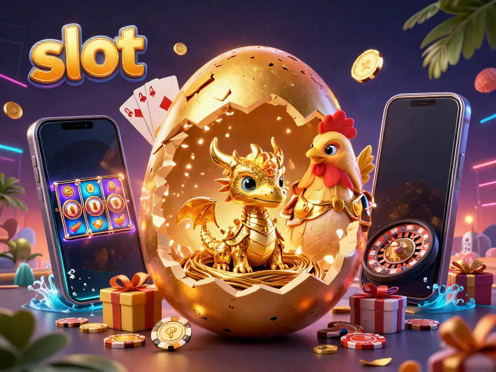 Menangkan jackpot di mesin slot sambil dikelilingi naga emas dan simbol kasino yang menakjubkan.