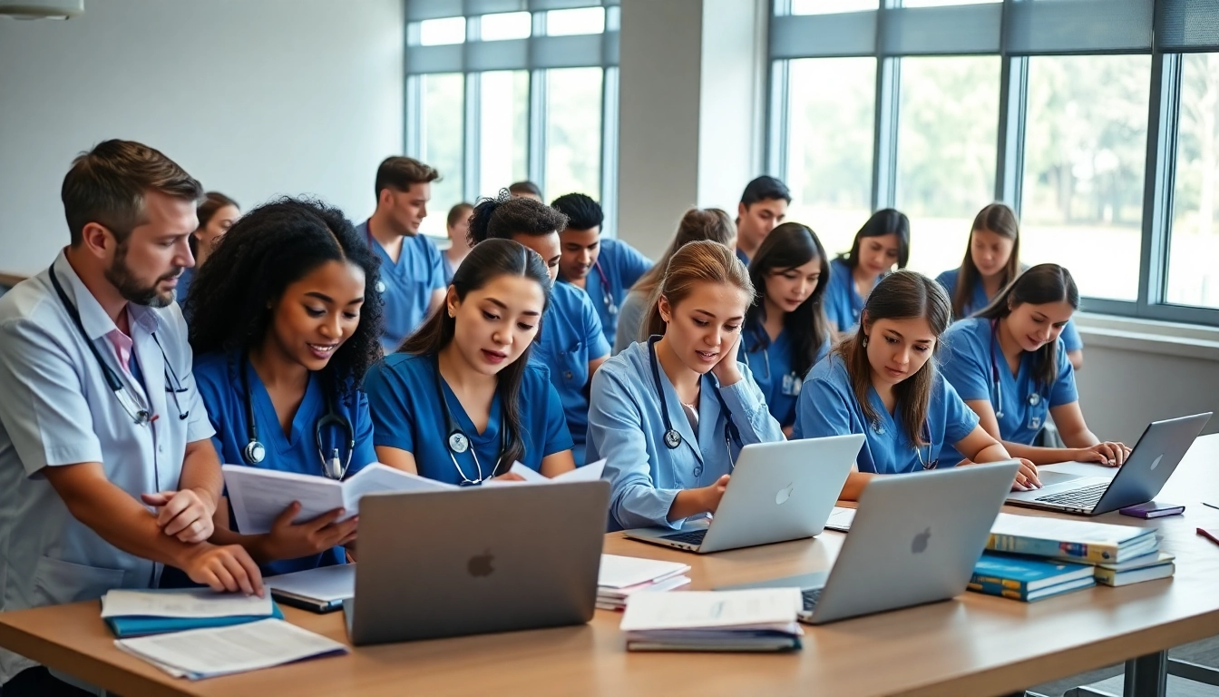 Nursing students preparing together at a Houston Trusted NCLEX review center, with supportive instructors.